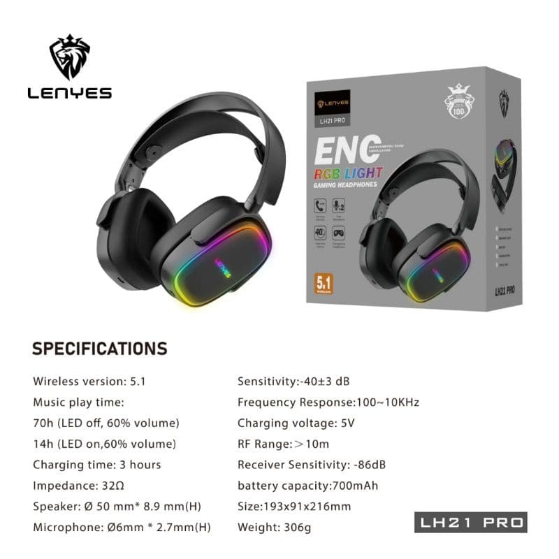LENYES LH21 PRO ENC RGB Light 40ms Headphone Gaming Bluetooth Original