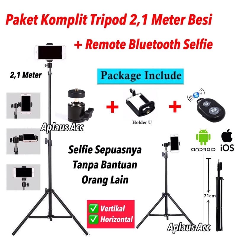 Paket Komplit Tripod 2,1 Meter Bluetooth + Holder + Miniball + Remote Selfie Sepuasnya