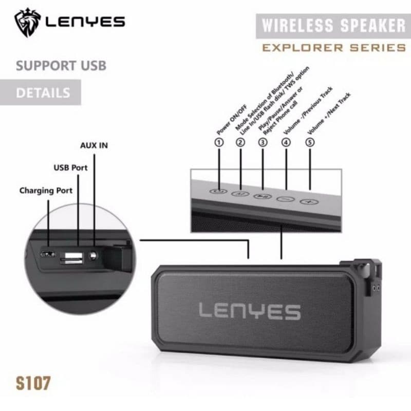 Speaker Bluetooth Original 100% Lenyes S107 Waterproof Wireless