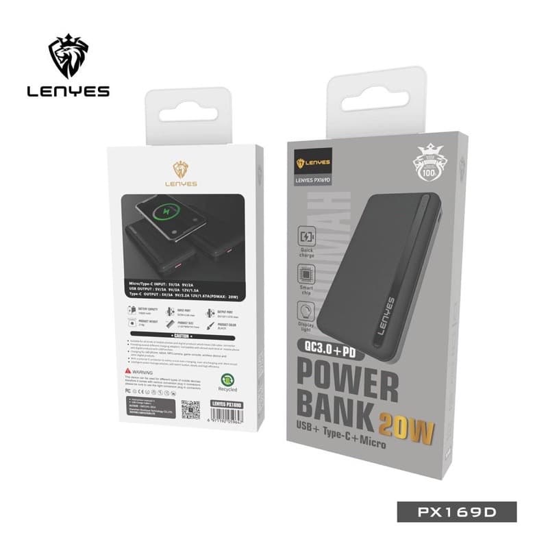 Powerbank 10.000 Mah QC 3.0 + PD 20W Lenyes Original PX169D Fast Charging Real Capacity 10000 Mah