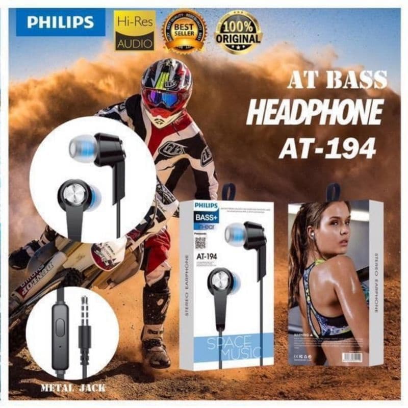 Handsfree Headset Earphone Philips AT-194 Plus Mic Stereo Suara Bagus