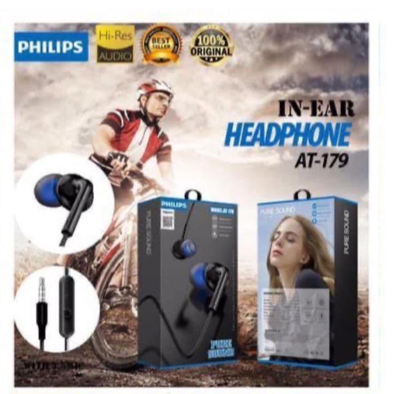 Handsfree Headset Earphone Philips AT-179 Plus Mic Stereo Suara Bagus