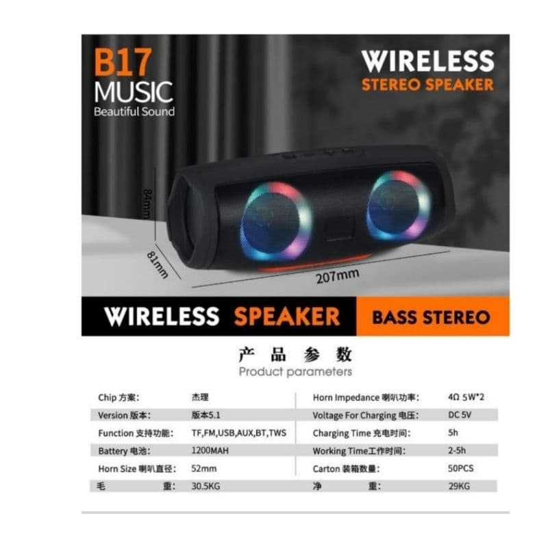 Speaker Bluetooth TWS B-17 CHARCE5 LAMPU RGB