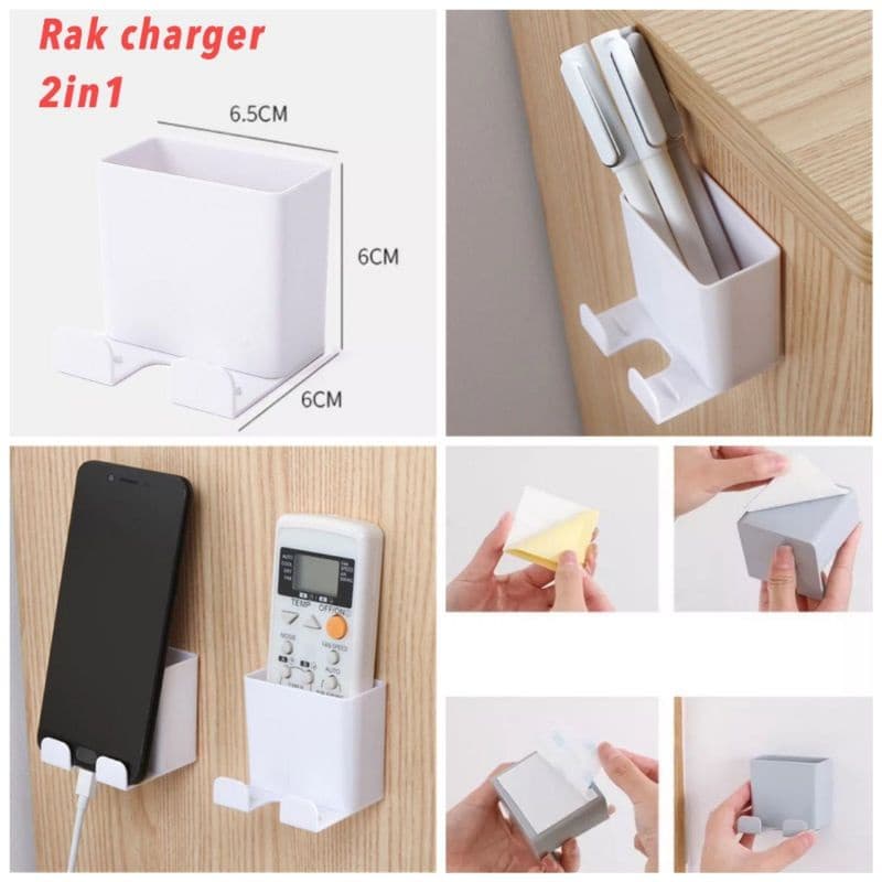 Tempelan Dinding Rak Holder Tempat Cas HP / Remote 2 in1