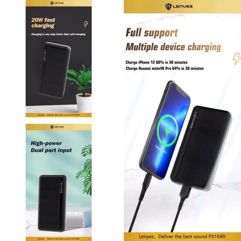 Powerbank 10.000 Mah QC 3.0 + PD 20W Lenyes Original PX169D Fast Charging Real Capacity 10000 Mah
