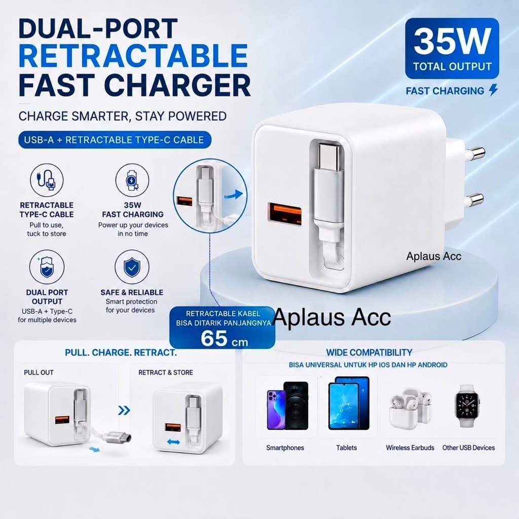 (GROSIRAN) Charger Ori Fast Charging 35W BZ98 Dual Port USB-A + Type-C Retractable Cable 65cm Universal IOS Android