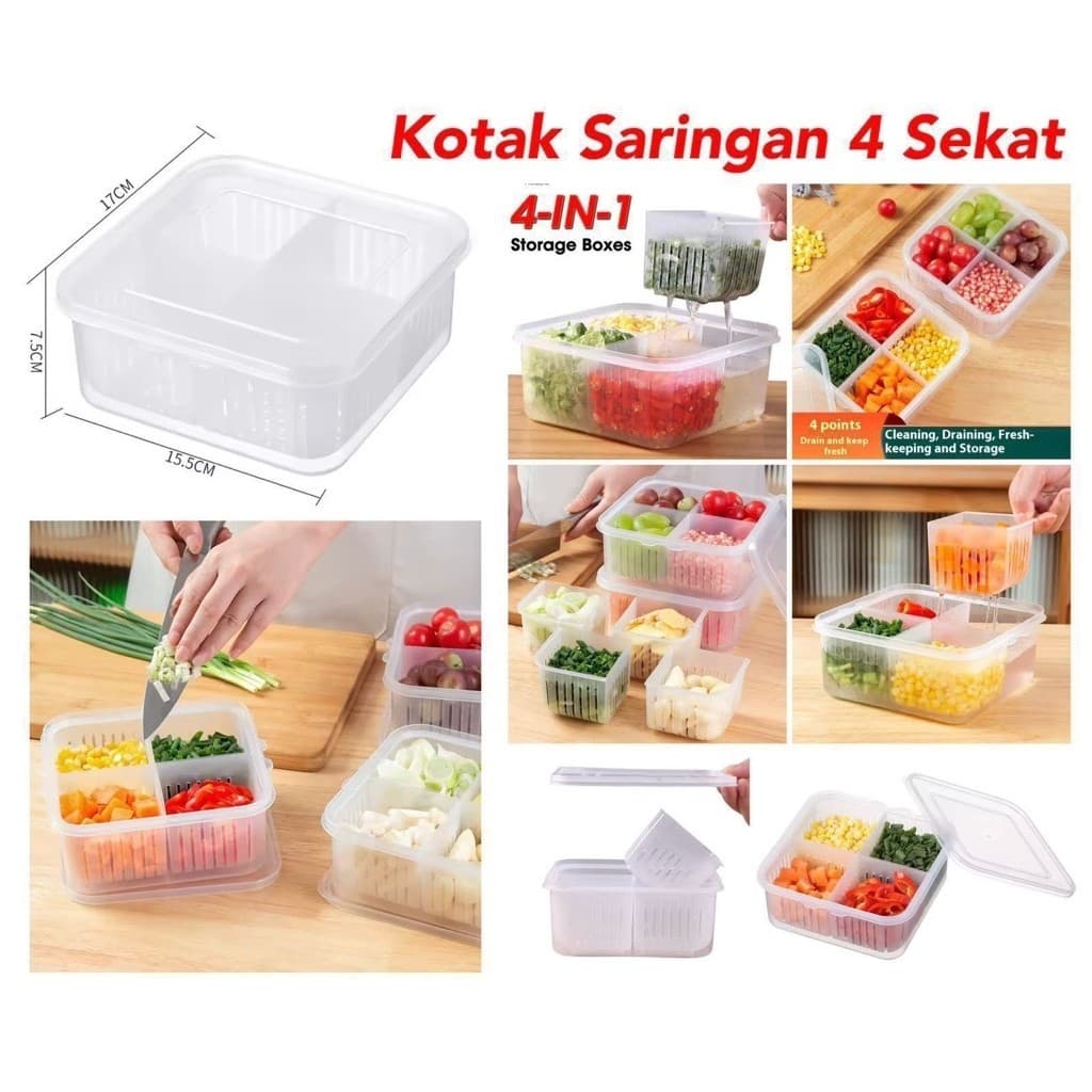 Kotak Saringan 4 Sekat Kotak Penyimpanan 4in1 Wadah Tirisan Bawang Buah Sayuran Serbaguna