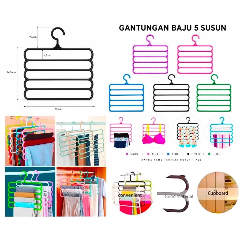 Gantungan Baju 5 Susun Gantungan Hanger Pakaian Celana Handuk Jilbab 5 Layer Plastik Serbaguna