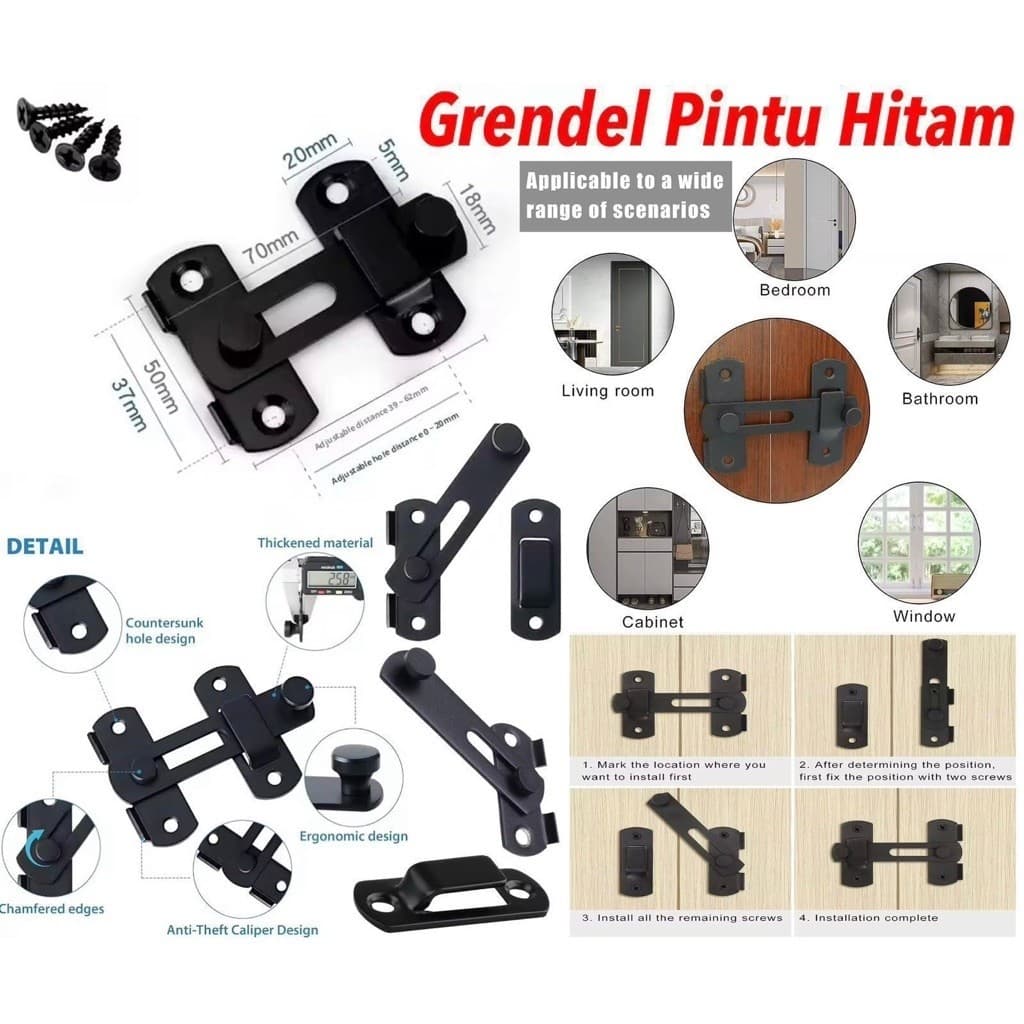 Grendel Pintu Hitam Grendel Kait Pintu Sliding Stainless Sliding Door Latch Steel Serbaguna