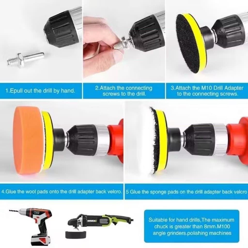 7pcs Busa Poles Mobil Adapter Poles Mobil 3inch Spons Body Compound Polishing Body Mobil Motor