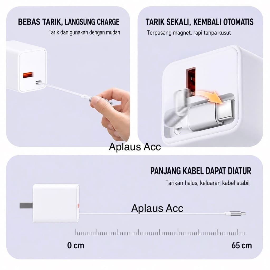 (GROSIRAN) Charger Ori Fast Charging 35W BZ98 Dual Port USB-A + Type-C Retractable Cable 65cm Universal IOS Android