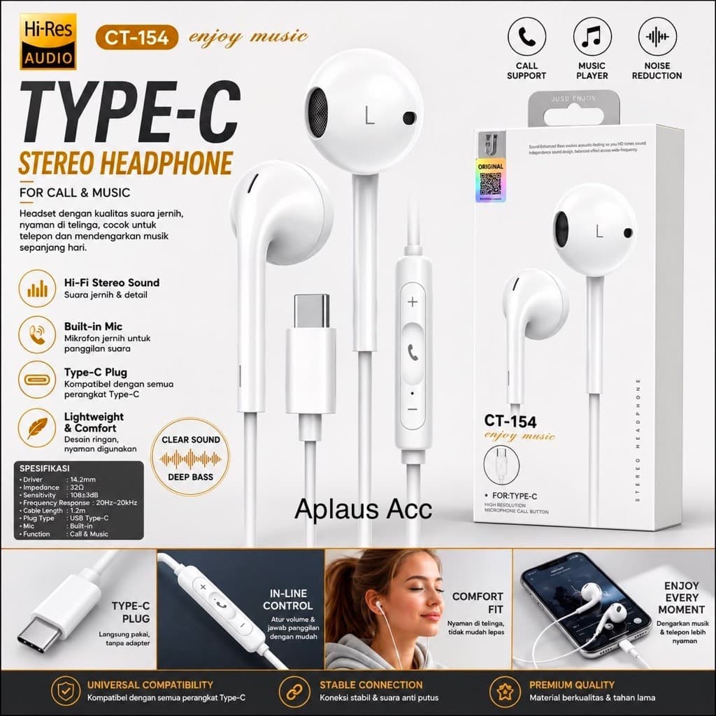 Handsfree Headset CT-154 Colokan Type C Stereo Bass