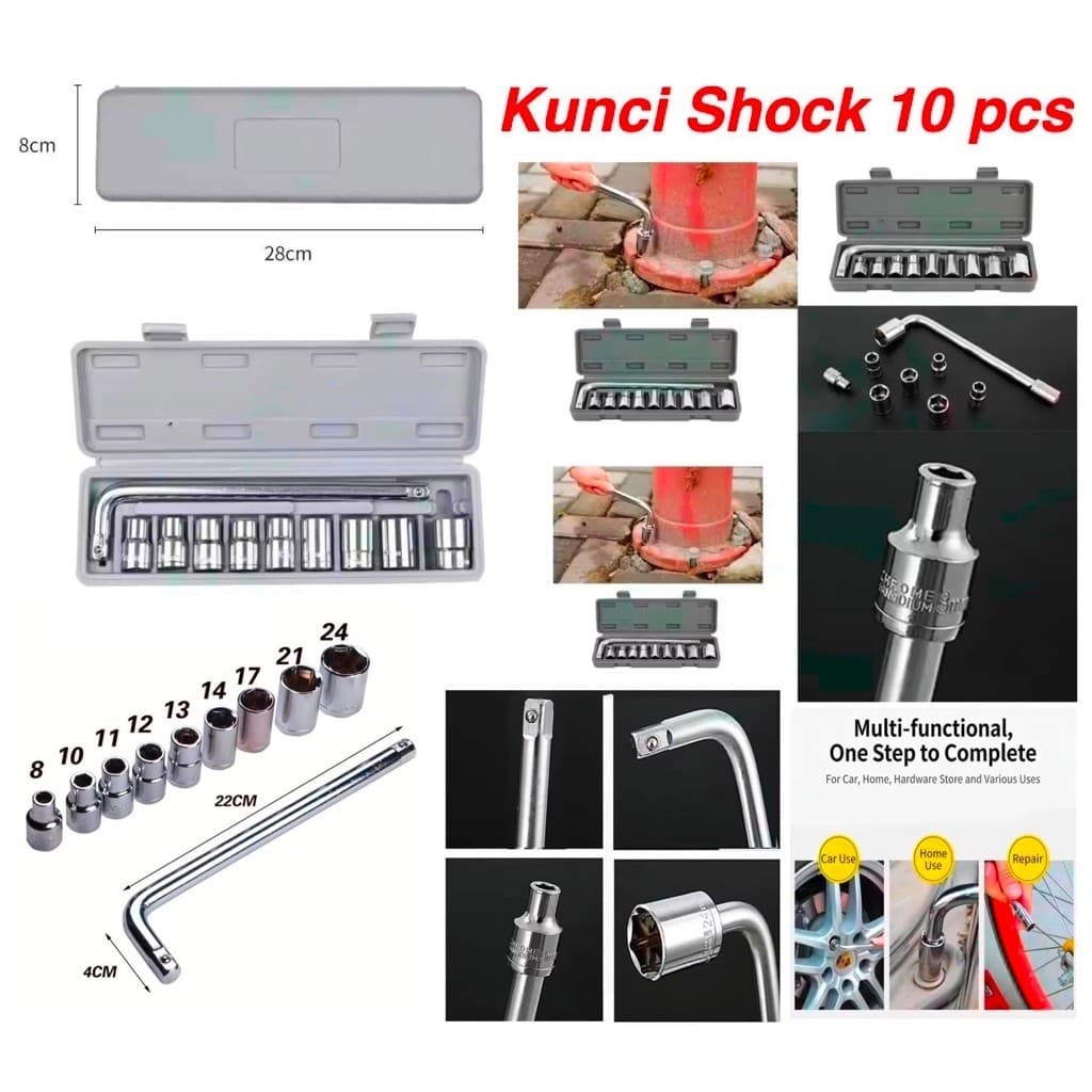 Kunci Shock Sock hand Socket Sok Set 10 Pcs 8-24 mm (8,10,11,12,13,14,17,19,24)