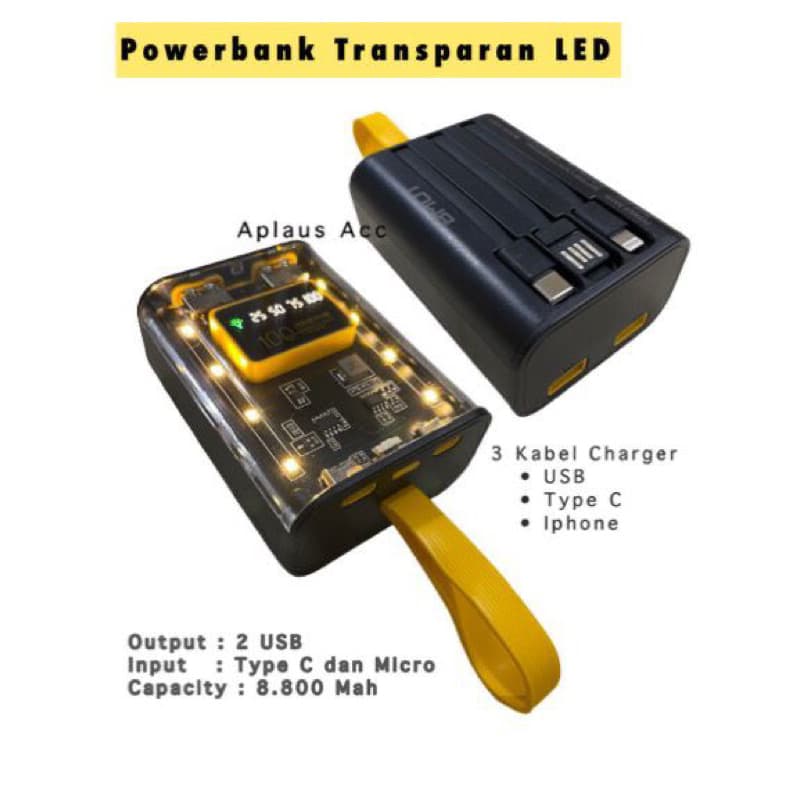 Powerbank Transparan LED Keren 8.800 Mah + 3 Kabel BMOT PT-11
