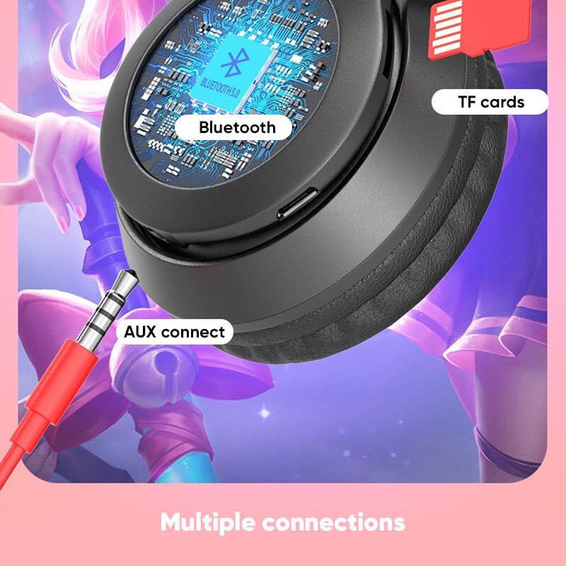 Headset Bando Bluetooth Cat RGB LED Lipat Macaron Warna