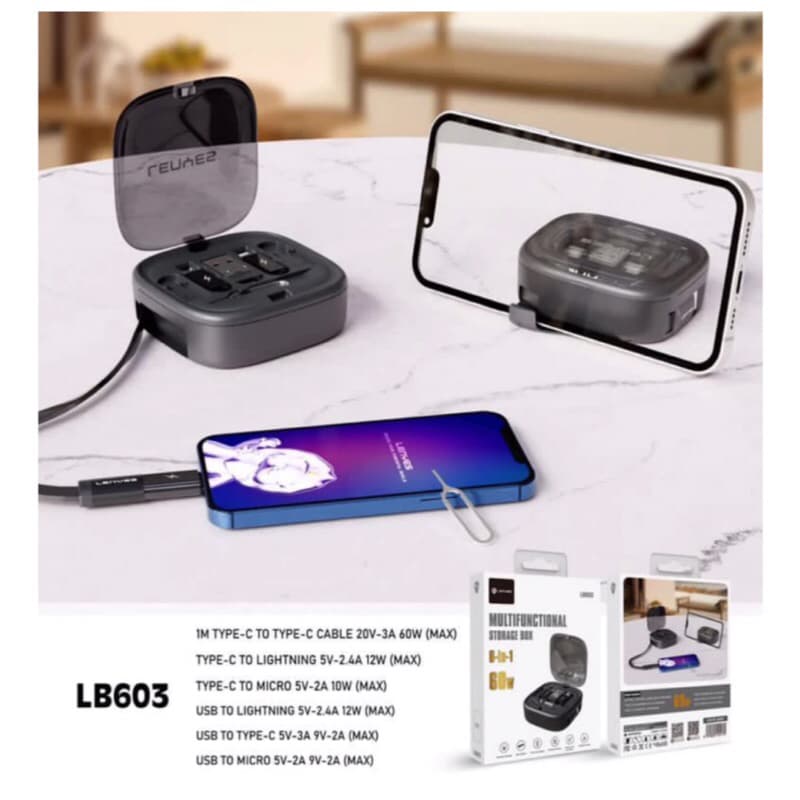 Lenyes Multifungsi LB-603 6in1 Kabel Data 60W Strorage Box Phone Holder