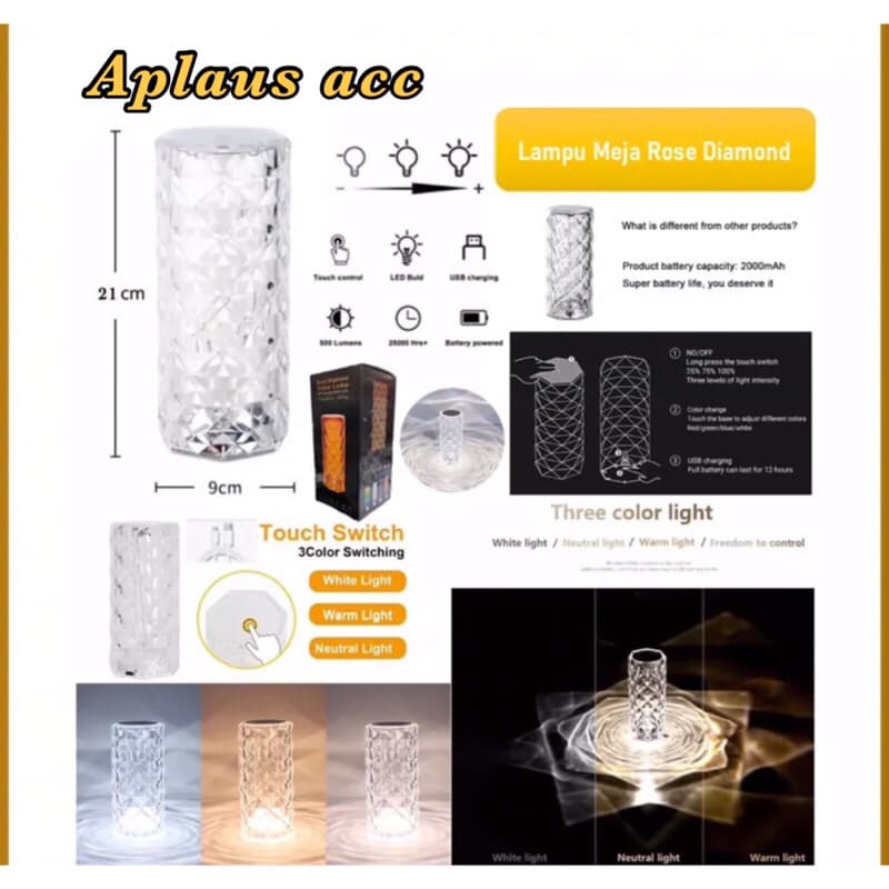 Lampu Meja Crystal Led Touch Lampu Hias Rose Diamond Aesthetic Mewah