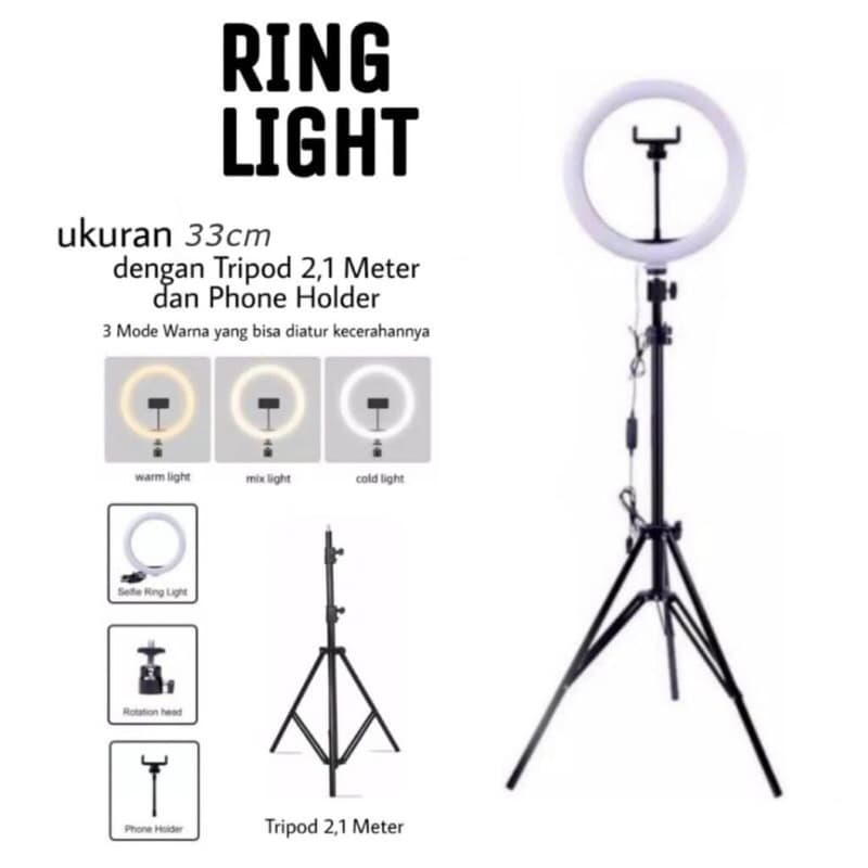Paket Komplit Live Tripod 2,1M Pack + Ringlight 33cm Pack + Remote Bluetooth Selfie Make Up Vlog
