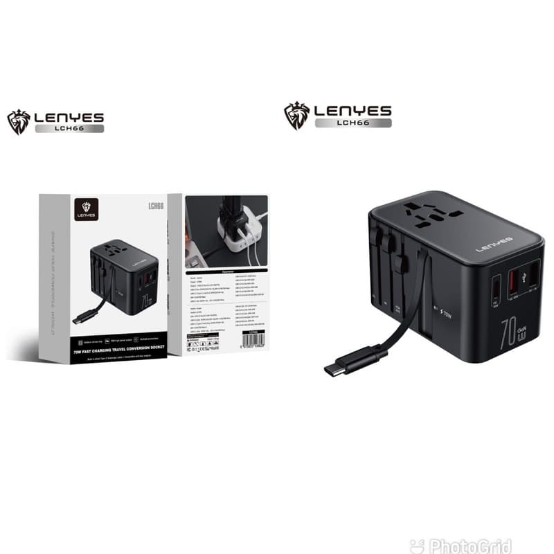Charger LENYES LCH66 70W GaN + Adaptor International Charger Dual Port USB + Type C Fast Charging Built In Cable Type C