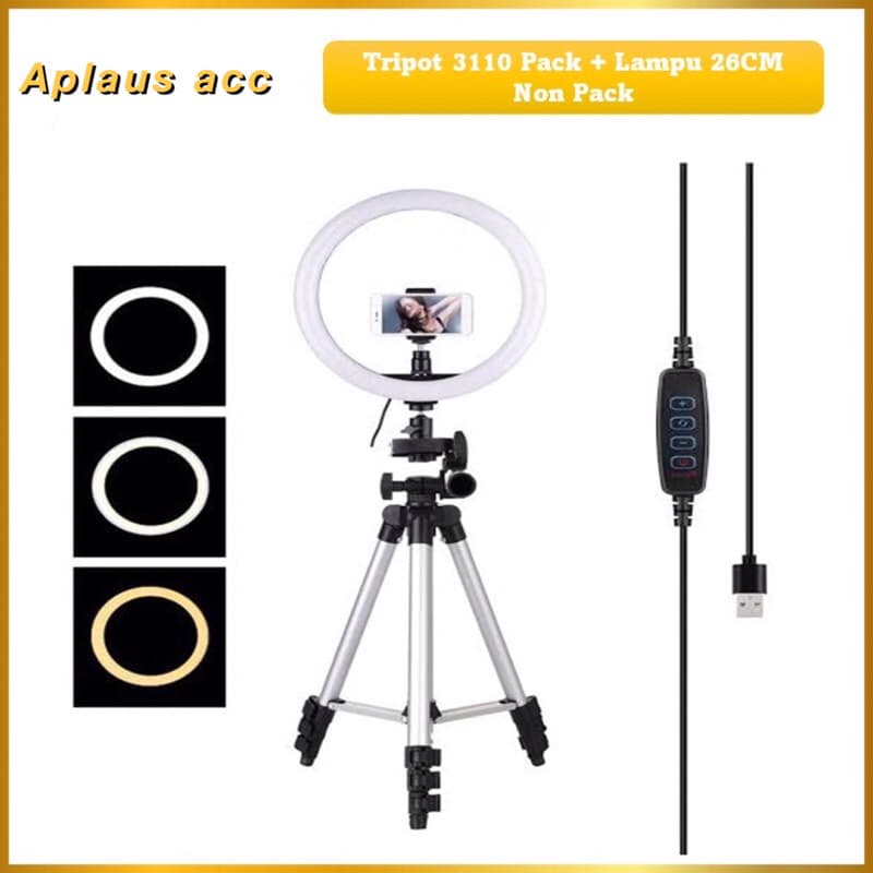 Paket Komplit Ringlight 26cm Non Pack + Tripod 3110 Pack Make Up Vlog Selfie