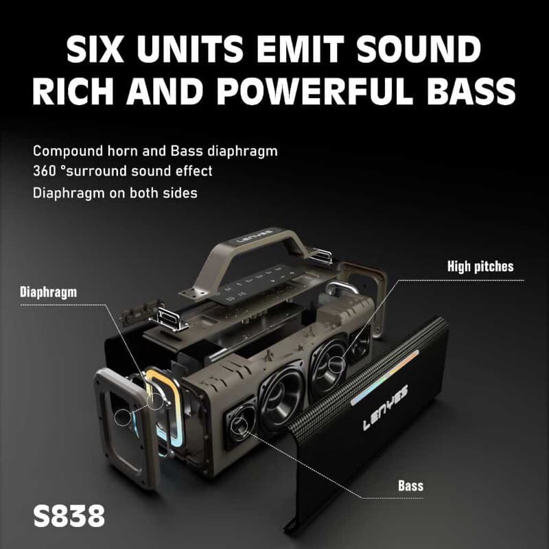 LENYES S838 200W Outdoor KTV Wireless Speaker + Microphone Karaoke Bluetooth 5.0 High Power Heavy Bass TWS