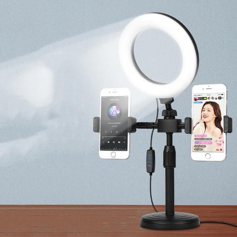 Tripod 28CM + 2 Holder HP + Lampu Ringligth 16CM Stand HP Selfie Vlogging Podcast Review Live Nonton