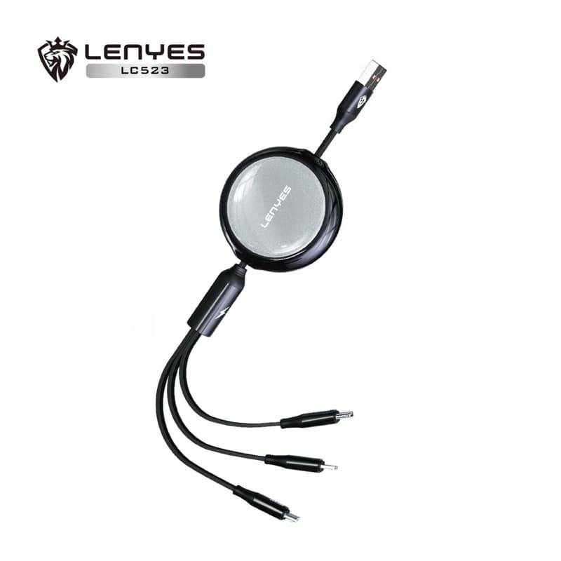 Kabel Data Tarik 3 in 1 Fast Charging 66W LENYES LC523 Data Cable USB To Micro Type C Lightning 1.2 Meter