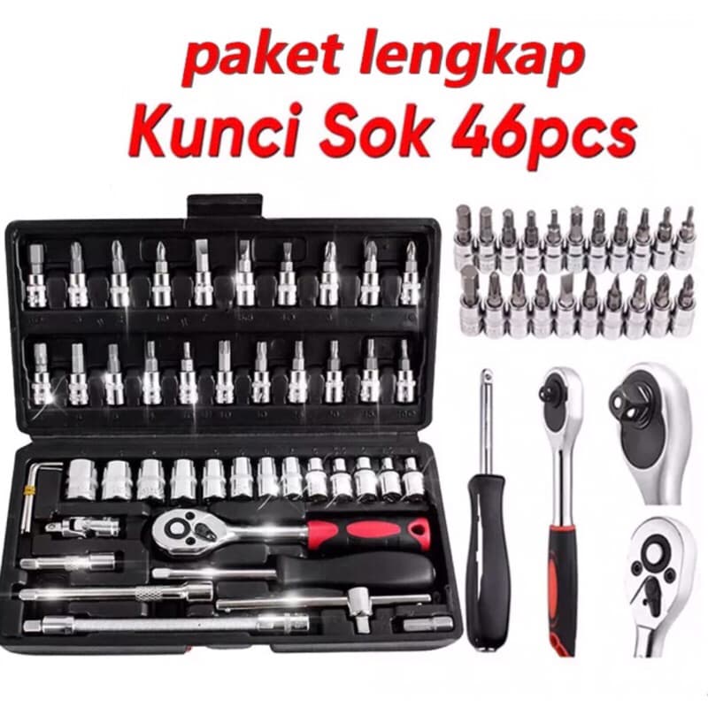 Set Kunci Sok Kunci Shock 46pcs Mobil Motor Lengkap Socket Tool Kit Set Pas Ring Motor Mobil