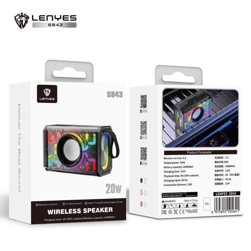 LENYES S843 20W Wireless Speaker Bluetooth 5.3 Transparan RGB LED Light TWS Portable FM Radio