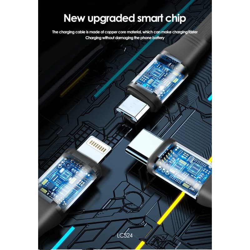 Kabel Data Tarik 3 in 1 Fast Charging 66W LENYES LC524 Data Cable USB Type C To Type C Lightning 1.2 Meter