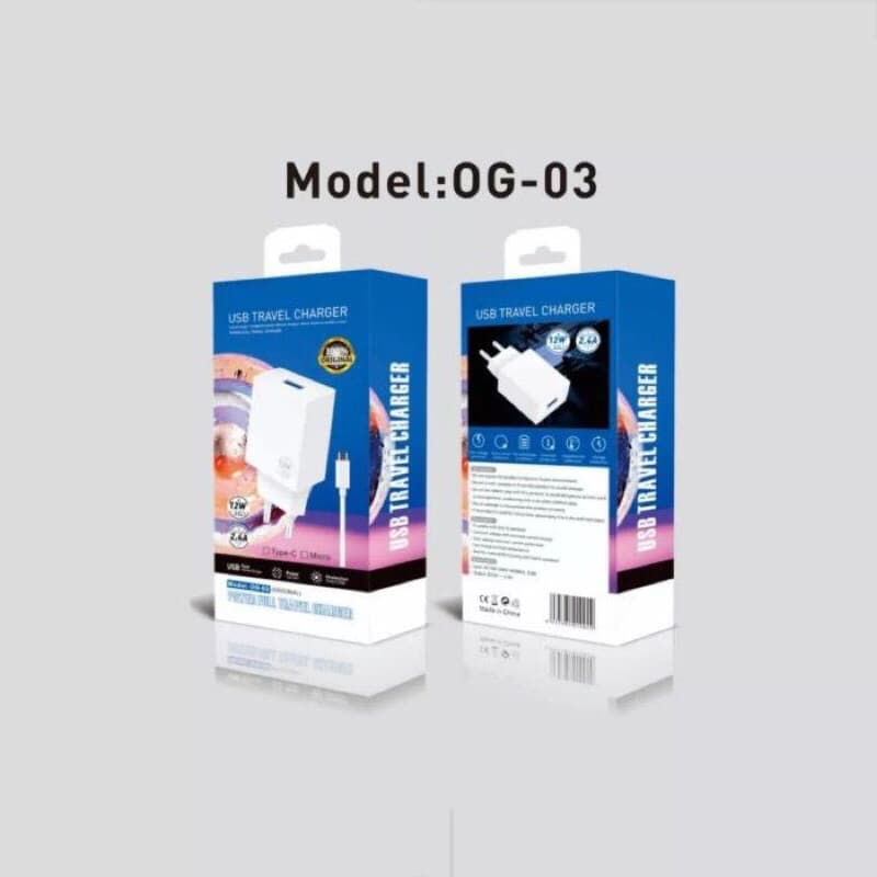 Charger Branded OG-03 Real 2.4A 12W Travel Charger Bagus Murah Micro/V8 dan Type C