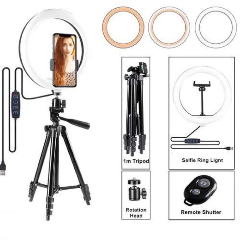 Paket Komplit Live Tripod Black Pack + Ringlight 26cm Pack + Remote Bluetooth Selfie Make Up Vlog