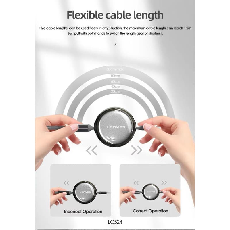 Kabel Data Tarik 3 in 1 Fast Charging 66W LENYES LC524 Data Cable USB Type C To Type C Lightning 1.2 Meter