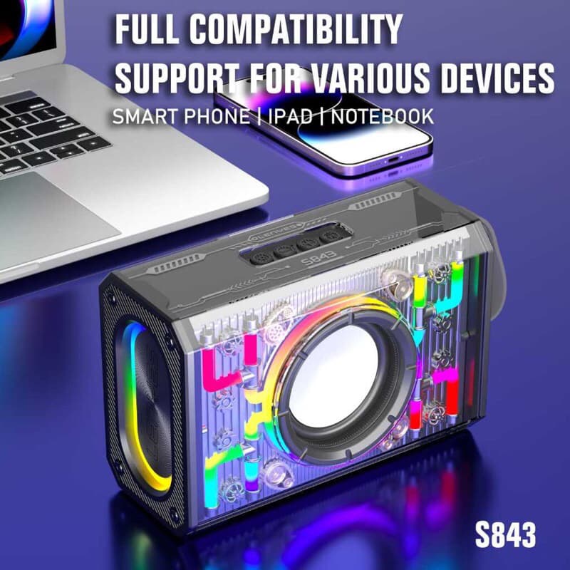 LENYES S843 20W Wireless Speaker Bluetooth 5.3 Transparan RGB LED Light TWS Portable FM Radio