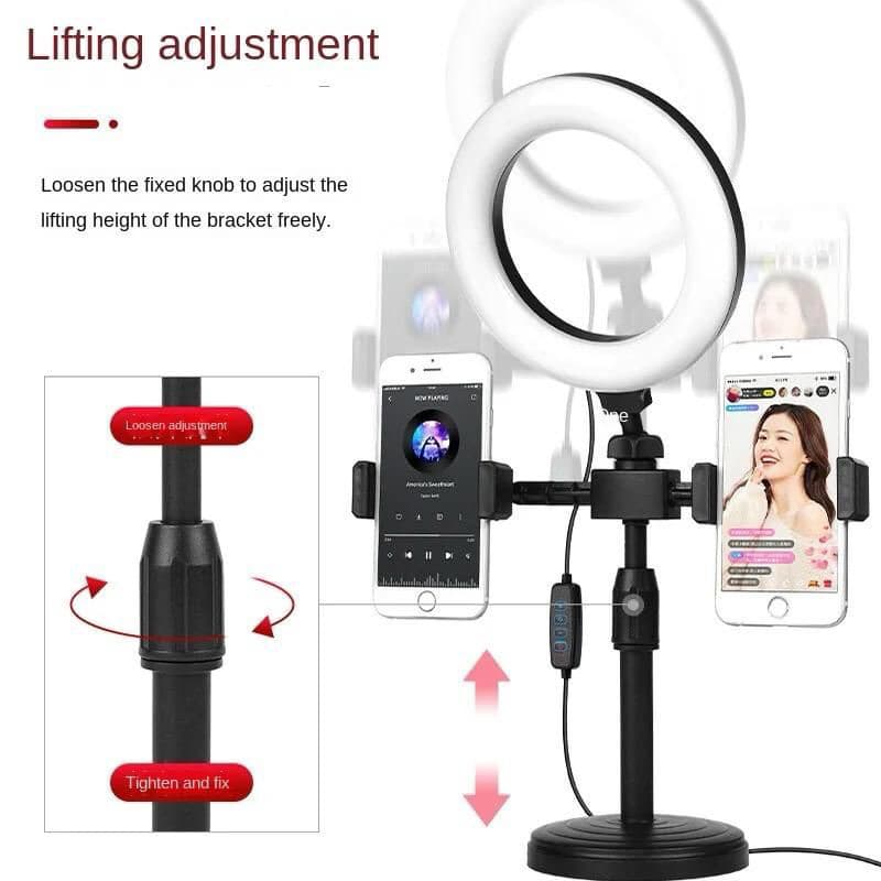 Tripod 28CM + 2 Holder HP + Lampu Ringligth 16CM Stand HP Selfie Vlogging Podcast Review Live Nonton
