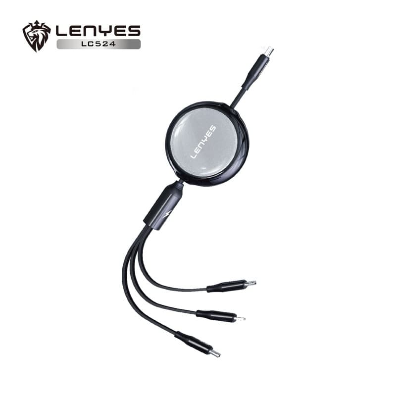 Kabel Data Tarik 3 in 1 Fast Charging 66W LENYES LC524 Data Cable USB Type C To Type C Lightning 1.2 Meter