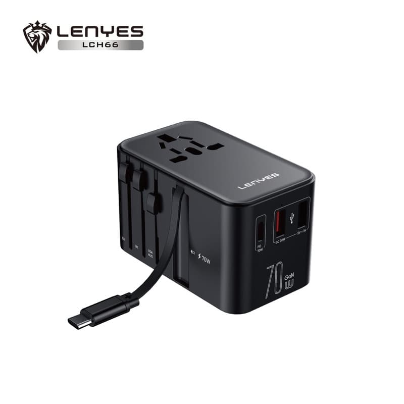Charger LENYES LCH66 70W GaN + Adaptor International Charger Dual Port USB + Type C Fast Charging Built In Cable Type C