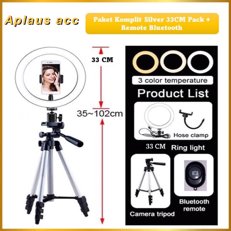 Paket Komplit Live Tripod Silver Pack + Ringlight 33cm Pack + Remote Bluetooth Selfie Make Up Vlog