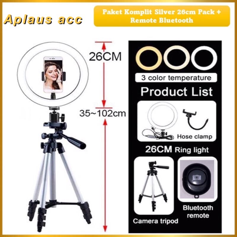 Paket Komplit Live Tripod Silver Pack + Ringlight 26cm Pack + Remote Bluetooth Selfie Make Up Vlog