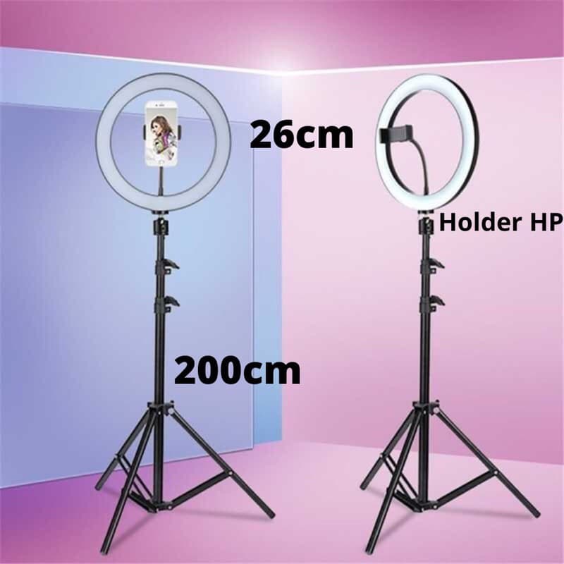 Paket Komplit Murah RINGLIGHT 26CM + TRIPOD 2,1 METER MAKE UP VLOG LAMPU RINGLIGHT