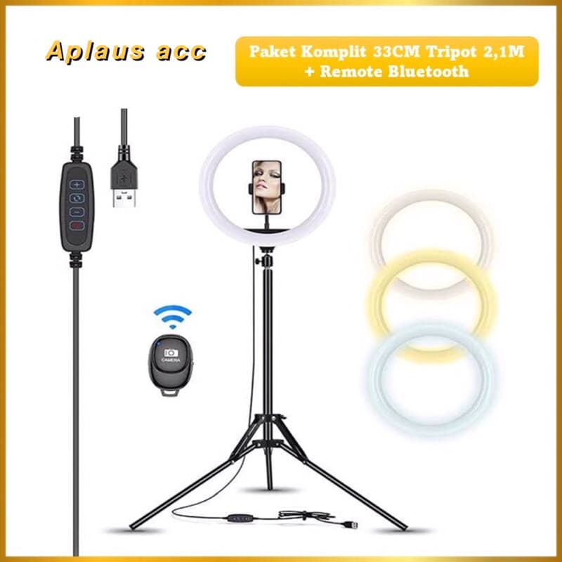Paket Komplit Live Tripod 2,1M Pack + Ringlight 33cm Pack + Remote Bluetooth Selfie Make Up Vlog