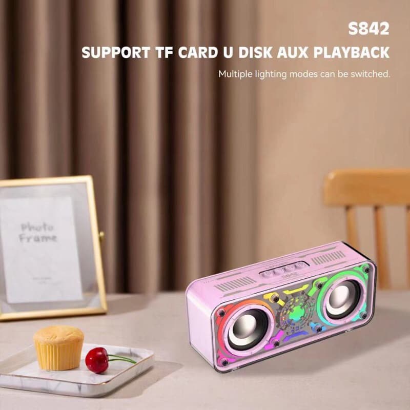 LENYES S842 18W Wireless Speaker Bluetooh 5.3 Transparan RGB LED Light TWS Portable FM Radio