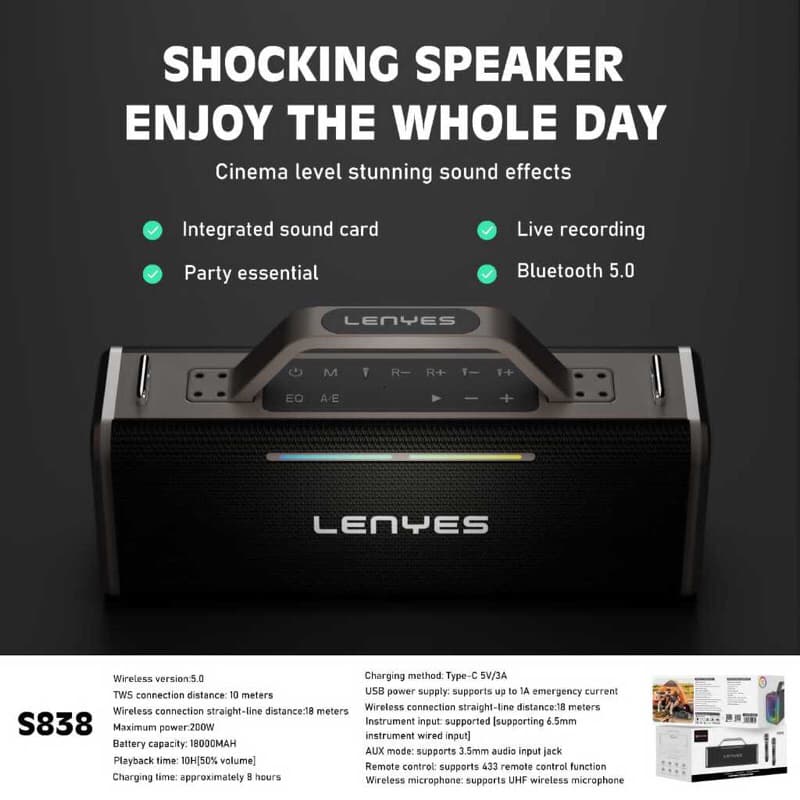 LENYES S838 200W Outdoor KTV Wireless Speaker + Microphone Karaoke Bluetooth 5.0 High Power Heavy Bass TWS