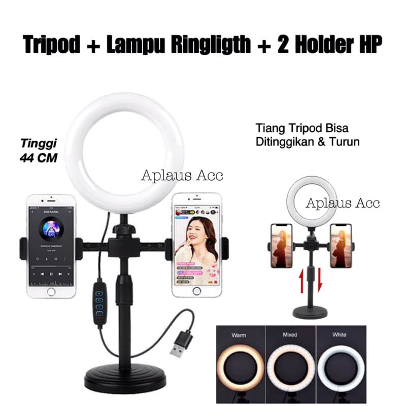 Tripod 28CM + 2 Holder HP + Lampu Ringligth 16CM Stand HP Selfie Vlogging Podcast Review Live Nonton