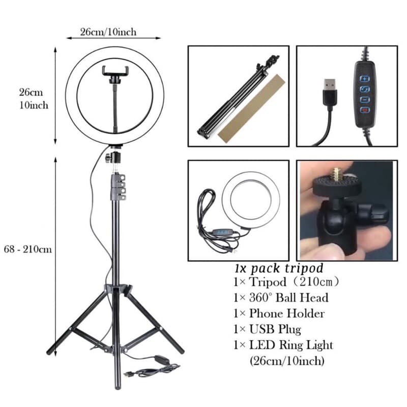Paket Komplit Murah RINGLIGHT 26CM + TRIPOD 2,1 METER MAKE UP VLOG LAMPU RINGLIGHT