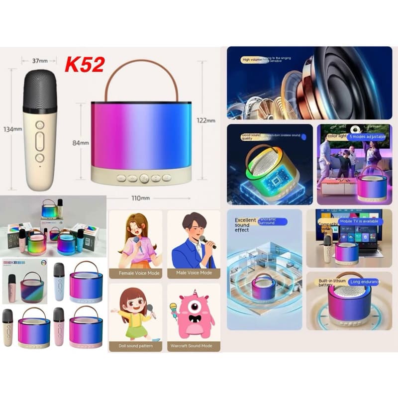 Speaker Bluetooth Karaoke RGB + Free Mic Microphone K52