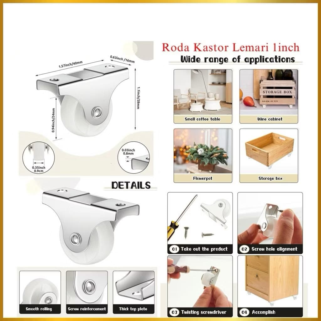 Roda Kastor Lemari 1 Inch Roda Trolly Nylon Plate Caster Mini Roda Kastor Etalase Serbaguna