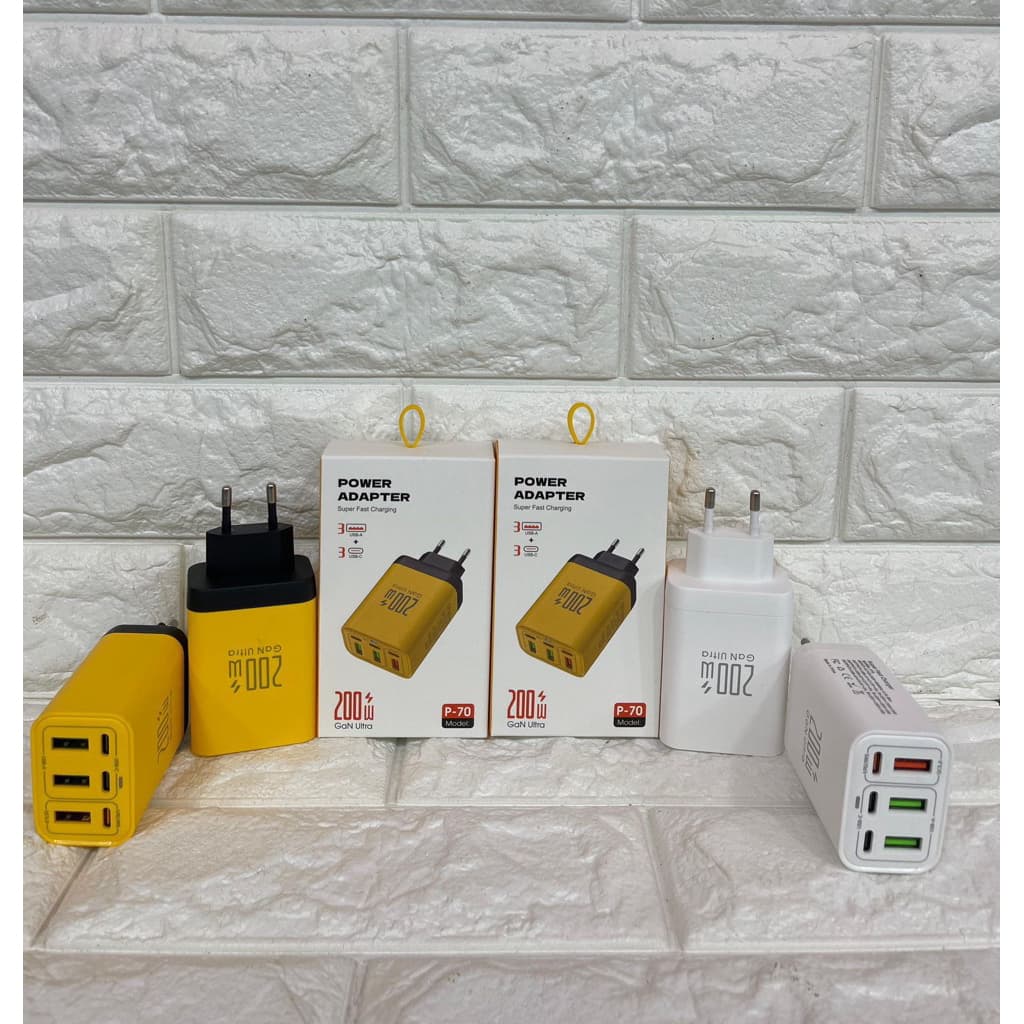 Adaptor Kepala Batok Charger 6 in 1 GAN P70 200W Fast Charging 3 USB + 3 PD