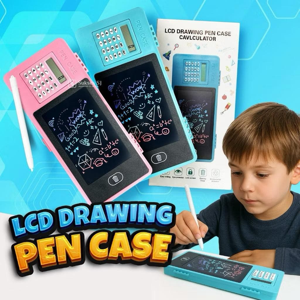 Kotak Pensil 3in1 Drawing Pad Kalkulator Papan Tulis LCD Pen Case