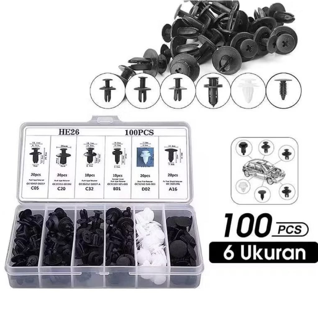 Baut Rivet Mobil Universal 1 Kotak Isi 100pcs Klip Bumper Baut Body Plastik Set Serbaguna